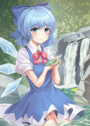 Rule 34 | 1girl, absurdres, animal, blue bow, blue dress, blue eyes, blue hair, blush, bow, cirno, closed mouth, collared shirt, commentary request, dress, dress shirt, frog, hair bow, hands up, highres, holding, holding animal, ice, ice wings, looking at viewer, multiple girls, nature, outdoors, pinafore dress, red ribbon, ribbon, rock, shirt, short dress, short hair, short sleeves, sitting, sleeveless, sleeveless dress, smile, solo, touhou, wading, water, waterfall, wing collar, wings, zipgaemi