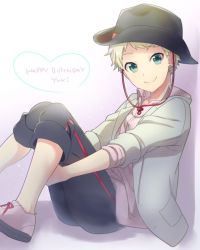 Rule 34 | 1boy, black pants, blonde hair, character name, cowboy hat, earrings, green eyes, happy birthday, hat, jacket, jewelry, kikuchi mataha, looking at viewer, male focus, pants, sitting, smile, solo, vocaloid, yuu (vocaloid), zola project