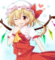 Rule 34 | 1girl, ;d, \||/, bad id, bad twitter id, blonde hair, blush, dress shirt, fang, flandre scarlet, frilled shirt collar, frills, hand to own mouth, haruki (colorful macaron), hat, heart, looking at viewer, mob cap, one eye closed, open mouth, red eyes, shirt, short hair, skirt, skirt set, smile, solo, touhou, vest, wings, wrist cuffs