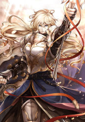 Rule 34 | 10s, 1boy, armor, belt, blonde hair, blue eyes, full armor, granblue fantasy, long hair, looking at viewer, male focus, naoise, serious, solo, tenyo0819, weapon