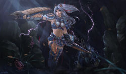 Rule 34 | 1girl, absurdres, armor, armored dress, artist name, blue eyes, capcom, dual wielding, electricity, expressionless, eyelashes, giraffe (artist), highres, holding, holding sword, holding weapon, lips, long hair, looking at viewer, midriff, monster hunter (series), panties, serious, shoulder pads, shoulder spikes, signature, solo, sparkle, spikes, sword, underwear, weapon, white panties, zinogre, zinogre (armor)