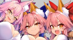 Rule 34 | 3girls, animal ear fluff, animal ears, blue bow, blush, bow, breasts, commentary, commentary request, fate/extra, fate/grand order, fate (series), fox ears, fox girl, glasses, grey background, hair bow, koyanskaya (fate), large breasts, long hair, looking at viewer, multiple girls, open mouth, parted lips, pink bow, pink hair, red bow, simple background, smile, tamamo (fate), tamamo cat (fate), tamamo no mae (fate/extra), upper body, wisespeak, yellow eyes