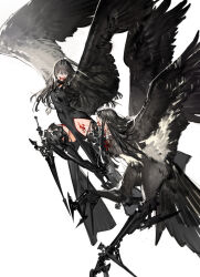 Rule 34 | 2girls, animal feet, bird tail, bird wings, black dress, black hair, black wings, blood, blood from mouth, blood on face, blood on leg, covered eyes, dress, facing another, facing viewer, feathered wings, flying, full body, harpy, highres, long hair, mechanical legs, monster girl, multiple girls, open mouth, original, pelvic curtain, simple background, starshadowmagician, tail, white background, winged arms, wings