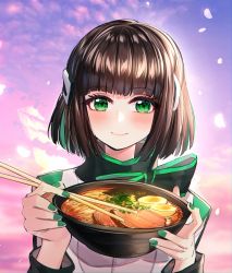 Rule 34 | 1girl, baocaizi, black bow, blush, bow, bowl, brown hair, chopsticks, closed mouth, commentary request, fingernails, food, green eyes, green hair, green nails, headgear, highres, holding, holding bowl, izu (kamen rider 01), jacket, kamen rider, kamen rider 01 (series), long sleeves, multicolored hair, nail polish, noodles, ramen, smile, solo, two-tone hair, upper body, white jacket