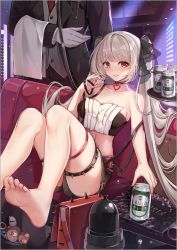 Rule 34 | 1boy, 1girl, alternate costume, artist name, azur lane, bag, beer can, black choker, black jacket, black shorts, butler, can, choker, drink can, feet, foreshortening, formidable (azur lane), gloves, hair ribbon, handbag, head out of frame, heart, heart choker, highres, holding, holding tray, indoors, jacket, k12io, legs, long hair, looking at viewer, midriff, nail polish, necktie, platinum blonde hair, red bag, red eyes, red nails, red neckwear, ribbon, see-through, shorts, sleeveless, spiked bag, spiked thighlet, strapless, thigh strap, tray, twintails, very long hair, white gloves