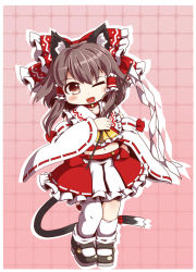 Rule 34 | 1girl, animal ears, ascot, bell, blush, bow, brown hair, cat ears, cat girl, cat tail, chibi, collar, detached sleeves, dnk, female focus, gohei, hair bow, hair tubes, hakurei reimu, japanese clothes, kemonomimi mode, kneehighs, mary janes, miko, navel, neck bell, one eye closed, open mouth, shirt, shoes, single kneehigh, single sock, single thighhigh, skirt, skirt set, smile, socks, solo, tail, thighhighs, touhou, white socks, wink
