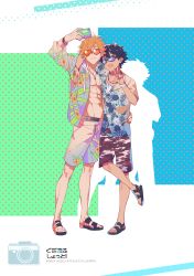 Rule 34 | 2boys, absurdres, black footwear, black hair, brown male swimwear, brown swim trunks, camouflage, camouflage male swimwear, camouflage swimsuit, cellphone, character name, commentary request, drawstring, fate/grand order, fate (series), floral print, floral shirt, floral swimsuit, fujimaru ritsuka (male), full body, gradient male swimwear, gradient swimsuit, hair over one eye, heart, heart-shaped eyewear, hibiscus print, highres, holding, holding cellphone, holding phone, hood, hoodie, jacket, long sleeves, male focus, male swimwear, multiple boys, official alternate costume, open clothes, open mouth, orange hair, phone, print clothes, print male swimwear, print shirt, print swim trunks, robin hood (fate), robin hood (summer hunter) (fate), sandals, selfie, shirt, short hair, smartphone, smile, standing, standing on one leg, sunglasses, swim trunks, swimsuit, tuze111, v, white male swimwear
