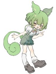 Rule 34 | 1girl, brooch, fang, green hair, green shorts, green suspenders, grey footwear, grey shirt, hair between eyes, highres, inkopico, jewelry, looking to the side, neck ribbon, outstretched hand, pointing, ponytail, puffy short sleeves, puffy shorts, puffy sleeves, ribbon, shirt, short eyebrows, short sleeves, shorts, sidelocks, skin fang, socks, solo, voicevox, yellow eyes, zundamon