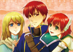 Rule 34 | 1girl, 2boys, :d, blonde hair, blue eyes, brother and sister, cape, feather hair ornament, feathers, fire emblem, fire emblem: the blazing blade, green eyes, feather hair ornament, head on another&#039;s shoulder, kitsukit, long hair, lucius (fire emblem), multiple boys, nintendo, open mouth, priscilla (fire emblem), raven (fire emblem), red eyes, red hair, short hair, siblings, smile, weapon
