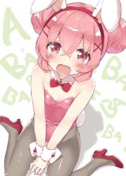 Rule 34 | 10s, 1girl, animal ears, bare shoulders, between legs, blush, bow, bowtie, breasts, collar, comic girls, commentary request, crying, crying with eyes open, detached collar, double bun, dutch angle, fake animal ears, flying teardrops, furrowed brow, grey pantyhose, hair between eyes, hair bun, hair ornament, hairband, hairclip, hand between legs, high heels, kani biimu, leotard, looking at viewer, moeta kaoruko, open mouth, pantyhose, pink hair, pink leotard, playboy bunny, rabbit ears, rabbit tail, red bow, red bowtie, red eyes, red footwear, red hairband, shoes, side bun, sitting, small breasts, solo, strapless, strapless leotard, tail, tareme, tears, text background, v arms, wariza, white collar, wrist cuffs, x hair ornament
