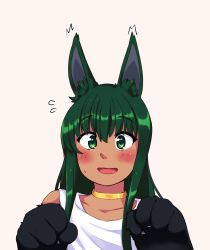 Rule 34 | 1girl, :d, ^^^, akiosketch, alternate costume, animal ears, animal hands, anubis (monster girl encyclopedia), blush, choker, commentary, commission, dark green hair, dress, embarrassed, english commentary, flying sweatdrops, green eyes, green hair, hands up, highres, looking at viewer, monster girl, monster girl encyclopedia, open mouth, simple background, smile, solo, sweatdrop, upper body, white dress, yellow background