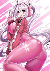 Rule 34 | 1girl, absurdres, alice (nikke), animal ear headphones, animal ears, bodysuit, breasts, cropped jacket, fake animal ears, gloves, goddess of victory: nikke, grey hair, headphones, headset, highres, impossible bodysuit, impossible clothes, jacket, katou shinobu, latex, latex bodysuit, long hair, looking at viewer, medium breasts, open mouth, pink bodysuit, pink eyes, pink gloves, puffy sleeves, red jacket, sidelocks, skin tight, smile, solo, twintails, two-tone gloves, v, white gloves