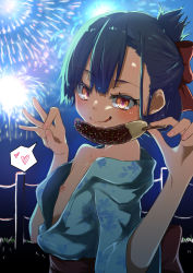 Rule 34 | 1boy, bare shoulders, black hair, chocolate banana, closed mouth, eyelashes, fireworks, food, hair ribbon, heart, highres, holding, holding food, licking lips, nipples, nori (norinorirrr), off shoulder, original, outdoors, penetration gesture, red ribbon, ribbon, saliva, sexually suggestive, short hair, smile, tongue, tongue out, trap, upper body