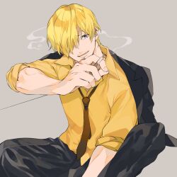 Rule 34 | 1boy, black jacket, black pants, blonde hair, blue eyes, cigarette, curly eyebrows, fish (m8snknk), grey background, hair over one eye, holding, holding cigarette, jacket, jacket on shoulders, looking to the side, male focus, necktie, one piece, pants, sanji (one piece), shirt, simple background, sitting, sleeves rolled up, smile, smoke, yellow shirt