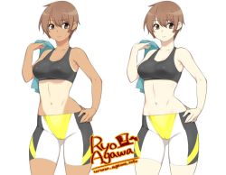 Rule 34 | 1girl, agawa ryou, artist name, barefoot, before and after, bike shorts, breasts, brown hair, cameltoe, cleft of venus, hand on own hip, looking at viewer, navel, one-piece tan, original, short hair, simple background, solo, sports bra, sweat, sweatdrop, tan, tank top, tanline, towel, watermark, web address, white background