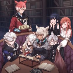 Rule 34 | absurdres, ahoge, alisaie leveilleur, alphinaud leveilleur, animal ears, aqua eyes, bare shoulders, black choker, black gloves, black hair, blanket, blue eyes, blush, book, book stack, book stand, bookshelf, bow, braid, breasts, brown-framed eyewear, brown hair, cat ears, choker, cleavage, cleavage cutout, closed eyes, closed mouth, clothing cutout, collarbone, couch, drooling, earrings, elbow gloves, facial mark, feather earrings, feathers, final fantasy, final fantasy xiv, fingerless gloves, food, fur trim, g&#039;raha tia, gaia (ff14), glasses, gloves, grey eyes, grey hair, hair between eyes, hair bow, hair over one eye, hand on own cheek, hand on own face, hatching (texture), head rest, highres, hjz (artemi), holding, holding plate, holding tray, hyur, indoors, jewelry, leaning on person, light brown hair, lipstick, long hair, long sleeves, looking at another, makeup, medium hair, miqo&#039;te, multicolored hair, one eye closed, open book, open mouth, orange hair, pinky ring, plate, pointy ears, puffy sleeves, red eyes, red hair, red lips, ring, ryne waters, saliva, sandwich, scarf, sitting, sleeping, sleeping on person, sleeves past wrists, smile, sweat, table, tray, warrior of light (ff14), whisker markings, white choker, white hair, wide sleeves, y&#039;shtola rhul