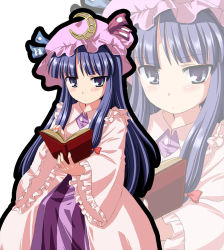 Rule 34 | 1girl, book, bow, closed mouth, crescent moon symbol, dress, hair ornament, highres, holding, holding book, kinagi yuu, long hair, multicolored clothes, multicolored dress, multiple views, patchouli knowledge, purple eyes, purple hair, red bow, simple background, touhou, very long hair, white background