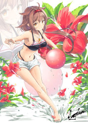 Rule 34 | 1girl, adapted costume, ahoge, bad id, bad pixiv id, ball, barefoot, beachball, bikini, black bikini, breasts, brown eyes, brown hair, cleavage, commentary request, flower, hair flaps, hairband, hibiscus, highleg, highleg bikini, highleg swimsuit, highres, kantai collection, lajhen2651, looking at viewer, medium breasts, navel, oversized object, red hairband, running, shiratsuyu (kancolle), shiratsuyu kai ni (kancolle), short shorts, shorts, signature, solo, splashing, swimsuit, whistle, whistle around neck, white shorts