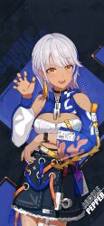 Rule 34 | 1girl, asymmetrical shirt, bare shoulders, black choker, carole peppers, choker, earrings, english text, highres, honkai (series), honkai impact 3rd, jewelry, official alternate costume, official art, official wallpaper, open mouth, skirt, smile, solo, upper body, white hair, yellow eyes, yellow nails