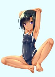 Rule 34 | 1girl, absurdres, armpits, arms behind head, arms up, bare shoulders, barefoot, black hair, commentary request, competition swimsuit, covered navel, dark-skinned female, dark skin, full body, highres, looking at viewer, one-piece swimsuit, original, purple eyes, shouyan, solo, swimsuit