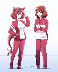 Rule 34 | 2girls, animal ears, artist logo, breasts, brown hair, closed mouth, color connection, cosplay, crossover, dated, ear covers, full body, gym uniform, hair color connection, hand in own hair, hand on own hip, heel up, hibike! euphonium, highres, horse ears, horse girl, horse tail, jacket, long sleeves, look-alike, medium breasts, medium hair, multicolored hair, multiple girls, nice nature (umamusume), nii manabu, open mouth, oumae kumiko, own hands together, pants, red jacket, red pants, red track suit, shoes, smile, sneakers, split mouth, standing, streaked hair, tail, tracen training uniform, track jacket, track pants, twintails, umamusume, yellow eyes