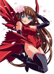 Rule 34 | 1girl, aqua eyes, arm up, black footwear, black gloves, boots, brown hair, comic colorful bee, covered erect nipples, dress, earrings, elbow gloves, flower, gloves, gotou keiji, hair flower, hair ornament, high heels, highres, jewelry, long hair, looking at viewer, non-web source, petals, photoshop (medium), red dress, simple background, smile, solo, thigh boots, tight clothes, very long hair, white background, wide-eyed