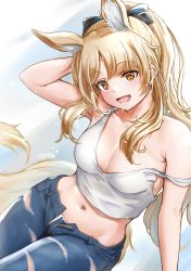 Rule 34 | 1girl, :d, absurdres, alternate costume, animal ear fluff, animal ears, arknights, arm behind head, arm up, black bow, blemishine (arknights), blue pants, blush, bow, breasts, camisole, cleavage, collarbone, crop top, denim, gradient background, grey background, hair bow, highres, horse ears, horse girl, horse tail, jeans, long hair, looking at viewer, medium breasts, navel, open fly, open mouth, open pants, panties, pants, panty peek, ponytail, sidelocks, sitting, smile, solo, strap slip, tail, torn clothes, torn pants, underwear, unzipped, white panties, yellow eyes, yukinoshiro