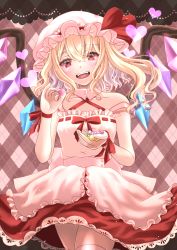 Rule 34 | 1girl, absurdres, allymidorikawa, alternate costume, apron, blonde hair, blush, candy, chocolate, crystal, flandre scarlet, food, hat, hat ribbon, heart, highres, mob cap, open mouth, red eyes, red ribbon, ribbon, side ponytail, skirt, solo, thighhighs, touhou, valentine, wings, wrist cuffs