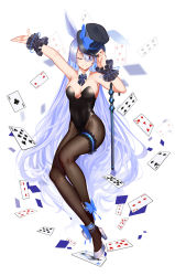 Rule 34 | 1girl, ace (playing card), ace of clubs, adjusting clothes, adjusting headwear, animal ears, ankle bow, ankle ribbon, arm up, bare shoulders, black hat, black leotard, black pantyhose, blue bow, blue hair, blurry, blush, bow, bowtie, breasts, bridal garter, card, cleavage, club (shape), clubs, collarbone, covered navel, depth of field, detached collar, diamond (shape), earrings, fake animal ears, frills, full body, hair over one eye, hand on headwear, hat, hat bow, heart, high heels, jewelry, leg ribbon, leotard, long hair, looking at viewer, medium breasts, original, outstretched arm, pantyhose, parted lips, playboy bunny, playing card, rabbit ears, ribbon, shoes, simple background, solo, spade, strapless, strapless leotard, striped bow, striped bowtie, striped clothes, striped neckwear, top hat, very long hair, white background, white footwear, wrist cuffs, xiaoshou xiansheng