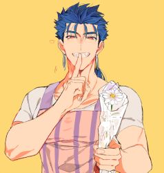 Rule 34 | 1boy, apron, blue hair, cu chulainn (fate), cu chulainn (fate/stay night), daisy, earrings, emiya-san chi no kyou no gohan, fangs, fate/hollow ataraxia, fate/stay night, fate (series), finger to mouth, flower, heart, holding, holding flower, jewelry, long hair, looking at viewer, male focus, official alternate costume, ponytail, red eyes, solo, spoken heart, striped apron, striped clothes, tatsuta age