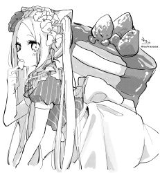 Rule 34 | 1girl, :o, abigail williams (heart of cooking) (fate), abigail williams (fate), absurdres, apron, blush, bow, fate/grand order, fate (series), food, food on hand, forehead, frills, fruit, greyscale, hair bow, hand up, highres, long hair, monochrome, official alternate costume, open mouth, pancake, pancake stack, parted bangs, puffy short sleeves, puffy sleeves, shirt, short sleeves, signature, simple background, sofra, solo, strawberry, striped clothes, striped shirt, stuffed animal, stuffed toy, teddy bear, twintails, twitter username, vertical-striped clothes, vertical-striped shirt, very long hair, waist apron, white background