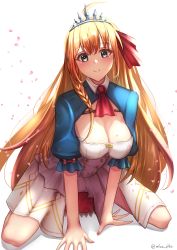 Rule 34 | 1girl, absurdres, ahoge, artist name, ascot, blonde hair, blue eyes, blush, braid, breasts, cleavage, closed mouth, commentary, crown, dated commentary, dress, full body, hair ribbon, hands on floor, highres, lips, long hair, looking at viewer, medium breasts, misa pika, on floor, pecorine (princess connect!), petals, princess connect!, red ascot, red ribbon, ribbon, smile, solo, twitter username, white background, white dress