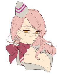 Rule 34 | 1girl, breasts, choker, cleavage, closed mouth, commentary request, earrings, eyewear strap, fate/grand order, fate (series), formal, glasses, hat, jewelry, koyanskaya (fate), koyanskaya (foreigner) (first ascension) (fate), long hair, looking at viewer, pink hair, portrait, ribbon, ribbon choker, semi-rimless eyewear, solo, suit, sunahara (toki0707), white background, yellow eyes