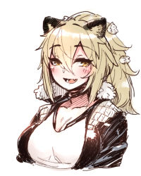 Rule 34 | 1girl, anchors (mono eye os), animal ears, blonde hair, blush, breasts, highres, jacket, kemono friends, large breasts, long hair, looking at viewer, open mouth, shirt, smile, solo, upper body, yellow eyes