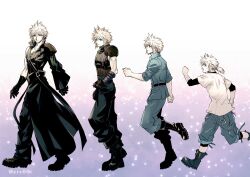 Rule 34 | 1boy, age progression, aged down, aiz00, armor, baggy pants, belt, belt buckle, black footwear, black gloves, black pants, black shirt, black sleeves, blonde hair, blue eyes, blue jacket, blue pants, blue shorts, boots, buckle, cloud strife, commentary request, crisis core final fantasy vii, detached sleeves, final fantasy, final fantasy vii, final fantasy vii advent children, final fantasy vii remake, from side, full body, gloves, jacket, light particles, low ponytail, multiple views, official alternate costume, pants, popped collar, ribbed sweater, running, shinra infantry uniform, shirt, short hair, shorts, shoulder armor, single bare shoulder, single detached sleeve, sleeveless, sleeveless turtleneck, spiked hair, sweater, turtleneck, turtleneck sweater, twitter username, walking, white shirt, zipper