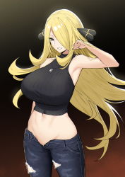 Rule 34 | 1girl, alternate costume, arm up, armpits, bare arms, bare shoulders, black nails, blonde hair, breasts, creatures (company), crop top, cynthia (pokemon), denim, floating hair, game freak, grey eyes, grin, hair ornament, hair over one eye, highres, jeans, jewelry, large breasts, legs, long hair, midriff, nail polish, navel, nintendo, no panties, open fly, pants, pendant, pokemon, pokemon dppt, ribbed shirt, seductive smile, shirt, sky-freedom, sleeveless, sleeveless shirt, smile, solo, stomach, thighhighs, thighs, torn clothes, torn jeans, torn pants