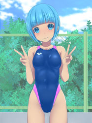 Rule 34 | 1girl, arena (company), blue eyes, blue hair, blue one-piece swimsuit, blue sky, blunt bangs, breasts, bush, chain-link fence, cloud, collarbone, commentary request, competition swimsuit, cowboy shot, day, double v, fence, highleg, highleg swimsuit, highres, logo, looking at viewer, one-piece swimsuit, original, outdoors, short hair, sky, small breasts, solo, standing, swimsuit, v, yonesuke (yonesukesuke)