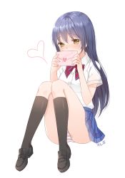 Rule 34 | 10s, 1girl, bad id, bad pixiv id, black footwear, black socks, blue hair, blush, canape (canape0130), collared shirt, covering own mouth, dress shirt, envelope, full body, heart, kneehighs, letter, loafers, long hair, looking at viewer, love letter, love live!, love live! school idol project, panties, pantyshot, plaid, plaid skirt, school uniform, shirt, shoes, simple background, sitting, skirt, socks, solo, sonoda umi, striped clothes, striped panties, tears, underwear, white background, white shirt, yellow eyes