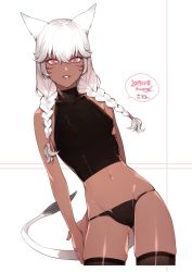 Rule 34 | 1girl, 2019, animal ears, arms behind back, warrior of light (ff14), bare shoulders, black thighhighs, braid, cat ears, cat tail, commentary request, covered erect nipples, cowboy shot, dark-skinned female, dark skin, dated, facial mark, female focus, final fantasy, final fantasy xiv, gluteal fold, hair between eyes, highres, kurono yuu, leaning to the side, long hair, miqo&#039;te, navel, panties, parted lips, pink eyes, shiny skin, simple background, skindentation, slit pupils, solo, tail, thighhighs, turtleneck, underwear, whisker markings, white hair