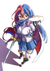 Rule 34 | 1girl, alear (female) (fire emblem), alear (fire emblem), automatic giraffe, blue eyes, blue hair, breasts, female focus, fire emblem, fire emblem engage, foreshortening, garter straps, heterochromia, highres, holding, holding sword, holding weapon, jewelry, long hair, looking at viewer, matching hair/eyes, multicolored hair, nintendo, red eyes, red hair, solo, sword, thigh strap, thighhighs, two-tone hair, very long hair, weapon