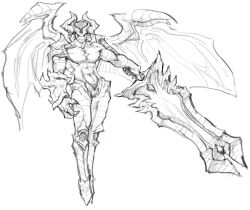 Rule 34 | 1boy, aatrox, absurdres, claws, closed mouth, demon boy, demon wings, full body, greyscale, highres, holding, holding sword, holding weapon, huge weapon, league of legends, looking at viewer, monochrome, navel, samoel dso, solo, sword, weapon, wings