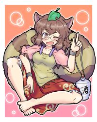 Rule 34 | 1girl, ;d, animal ears, blush, brown eyes, brown hair, eruru (erl), fang, futatsuiwa mamizou, glasses, gourd, highres, index finger raised, leaf, leaf on head, one eye closed, open mouth, pince-nez, raccoon ears, raccoon tail, simple background, sitting, smile, solo, tail, touhou