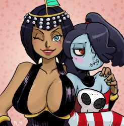 Rule 34 | 2girls, ;), arm around shoulder, bad deviantart id, bad id, bare shoulders, black hair, blue eyes, blue hair, blue skin, blush, breasts, cleavage, colored skin, dark-skinned female, dark skin, detached collar, detached sleeves, egyptian, eliza (skullgirls), hair over one eye, large breasts, lipstick, long hair, makeup, multiple girls, nail polish, one eye closed, out of character, penelope and me, pout, red eyes, short hair, side ponytail, skullgirls, smile, squigly (skullgirls), stitched mouth, stitches, striped, striped sleeves, yellow nails, zombie