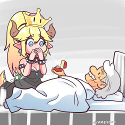 Rule 34 | 1girl, 1koma, absurdres, aged up, armlet, bed, black dress, blonde hair, blue eyes, bowsette, bracelet, breasts, cleavage, collar, comic, commentary, dress, earrings, facial hair, gimme2000, gradient background, grey background, grey hair, hair between eyes, highres, horns, jewelry, long hair, loss (meme), mario, mario (series), marriage proposal, meme, mustache, new super mario bros. u deluxe, nintendo, old, old man, ornate ring, pointy ears, ponytail, ring, simple background, spiked armlet, spiked bracelet, spiked collar, spikes, strapless, strapless dress, super crown, tail, tearing up, under covers, wedding ring