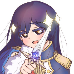 Rule 34 | 1girl, absurdres, artist name, artist request, blue hair, blush, breasts, brown eyes, close-up, collared dress, cosplay, dress, epaulettes, female focus, hair between eyes, highres, holding, holding sword, holding weapon, long hair, looking at viewer, love live!, love live! school idol project, parted lips, smile, solo, sonoda umi, sparkle, sword, upper body, weapon, white background, yellow eyes