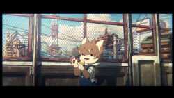 Rule 34 | 1boy, animal ears, animal hands, brown hair, chain-link fence, child, dog ears, eating, fence, food, furry, furry male, holding, holding food, ice cream, ice cream cone, letterboxed, male focus, nishi (nishiko24), original, outdoors, overalls, short hair, solo, waving