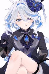 Rule 34 | 1girl, ahoge, black gloves, black jacket, blue bow, blue eyes, blue hair, blue hat, bow, colored inner hair, commentary request, crossed legs, furina (genshin impact), genshin impact, gloves, grey hair, hair intakes, hat, hat bow, highres, jacket, long hair, long sleeves, looking at viewer, multicolored hair, parted lips, pudding 15, simple background, sitting, solo, thigh strap, thighs, very long hair, white background