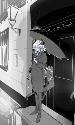Rule 34 | 1boy, :|, absurdres, arknights, blue hair, building, closed mouth, coat, collared shirt, door, dragon boy, dragon horns, dragon tail, expressionless, fingerless gloves, full body, gloves, greyscale, hand in pocket, highres, holding, holding umbrella, horns, kaninn, long hair, male focus, monochrome, multicolored hair, necktie, pants, purple eyes, purple necktie, puzzle (arknights), rain, shirt, shoes, sketch, solo, spot color, standing, streaked hair, tail, trench coat, umbrella, white hair
