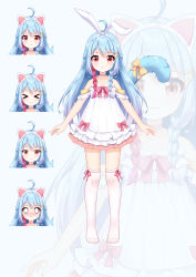 Rule 34 | &gt; &lt;, 1girl, :3, ahoge, animal ears, bare shoulders, blue background, blue hair, bow, braid, chihong de tianshi, closed eyes, closed mouth, collarbone, commentary request, copyright request, dress, fake animal ears, frilled dress, frills, hair between eyes, hair ornament, hairclip, highres, long hair, looking at viewer, multicolored hair, multiple views, no shoes, official art, over-kneehighs, rabbit ears, red bow, red hair, standing, tail, tail bow, tail ornament, thighhighs, twin braids, two-tone hair, very long hair, virtual youtuber, white dress, white thighhighs, yellow bow, zoom layer