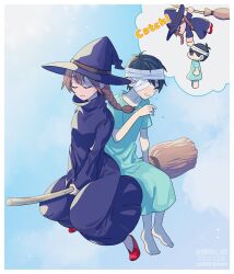 Rule 34 | 1boy, 1girl, bandage over one eye, barefoot, black hair, blue hat, braid, broom, broom riding, brown hair, closed eyes, closed mouth, crying, hat, highres, hospital gown, long hair, madotsuki, maromichan, omori, open mouth, red footwear, short hair, sitting, spoilers, sunny (omori), twin braids, witch hat, yume nikki